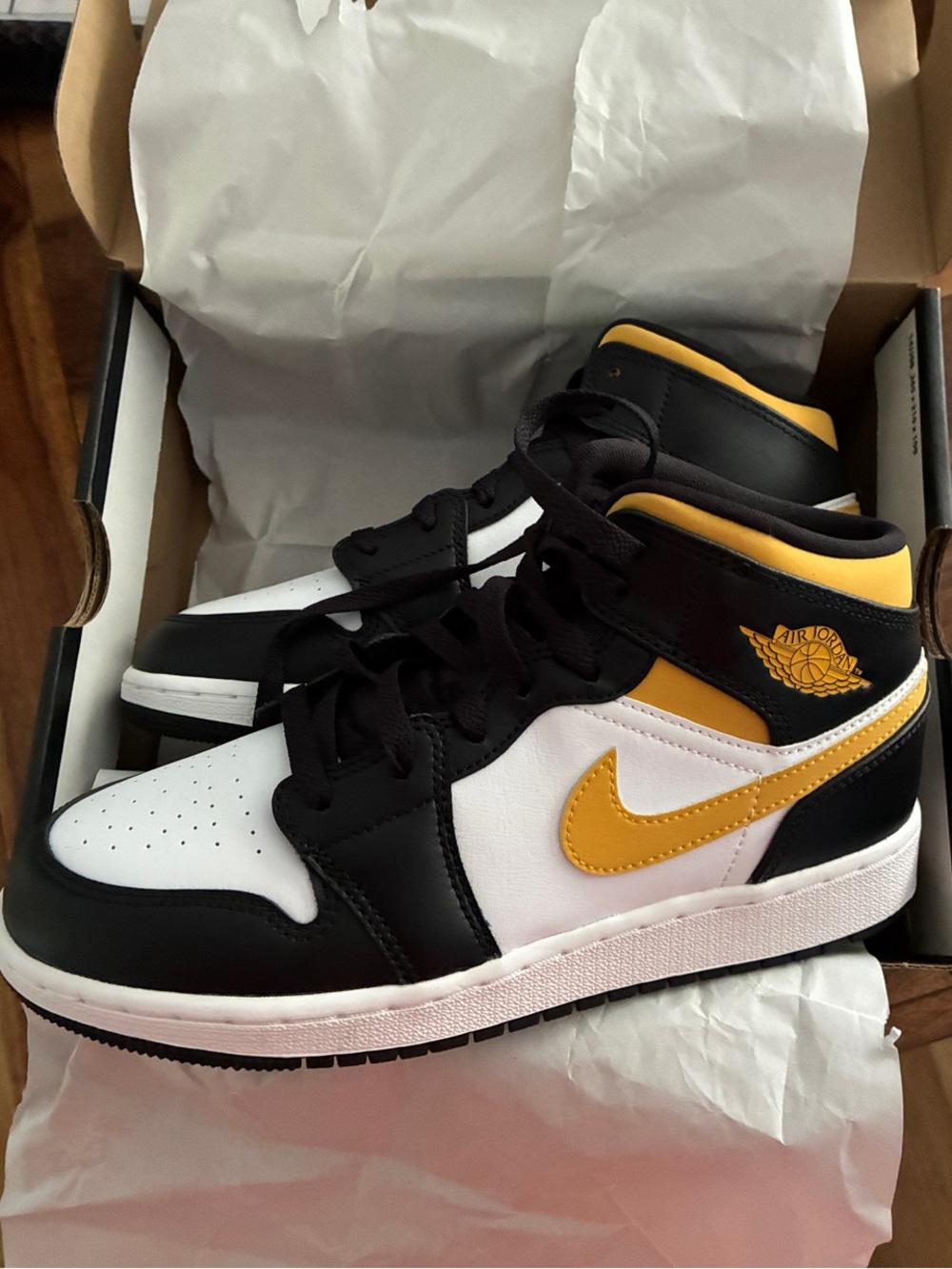 Nike Air Jordan Hi Top - NIB - black white and yellow - Kids 5Y (women’s 6.5)